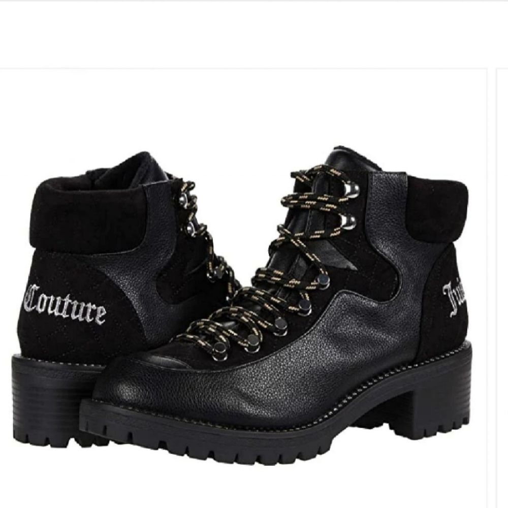 Juicy Couture Indulgence Boot Booties Black Pebbled Faux Leather Lug Sole 7 New